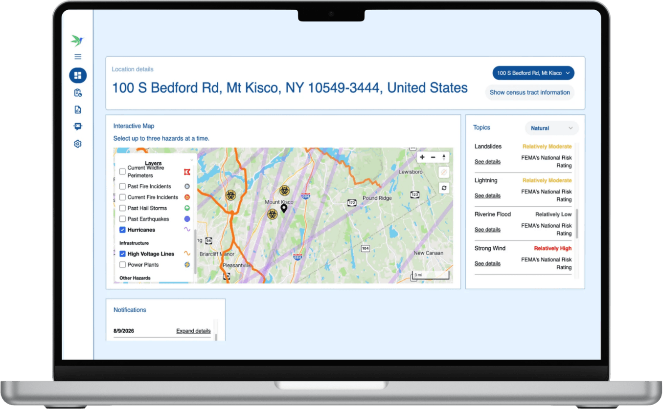 Mockup of AreaHub Enterprise showcasing environmental risk reporting and climate risk intelligence portfolio monitoring features.
